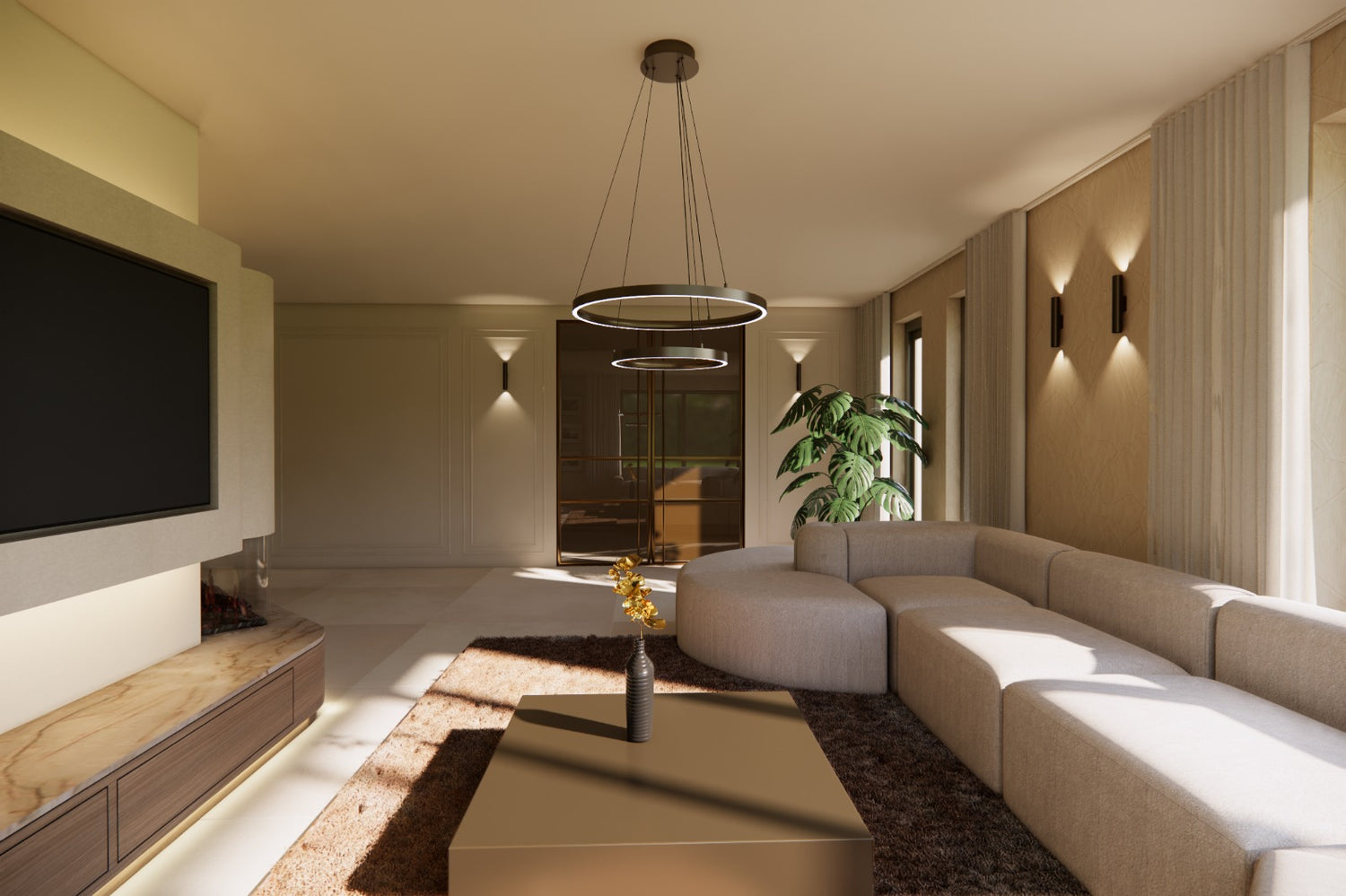 Luxe interieurontwerp voor moderne vrijstaande woning met lichte kleuren en bronze accenten