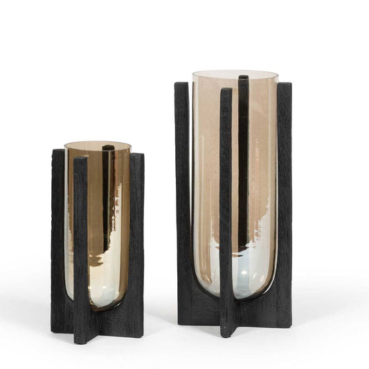 Hurricane luster on black wood base Windlicht of als vaas